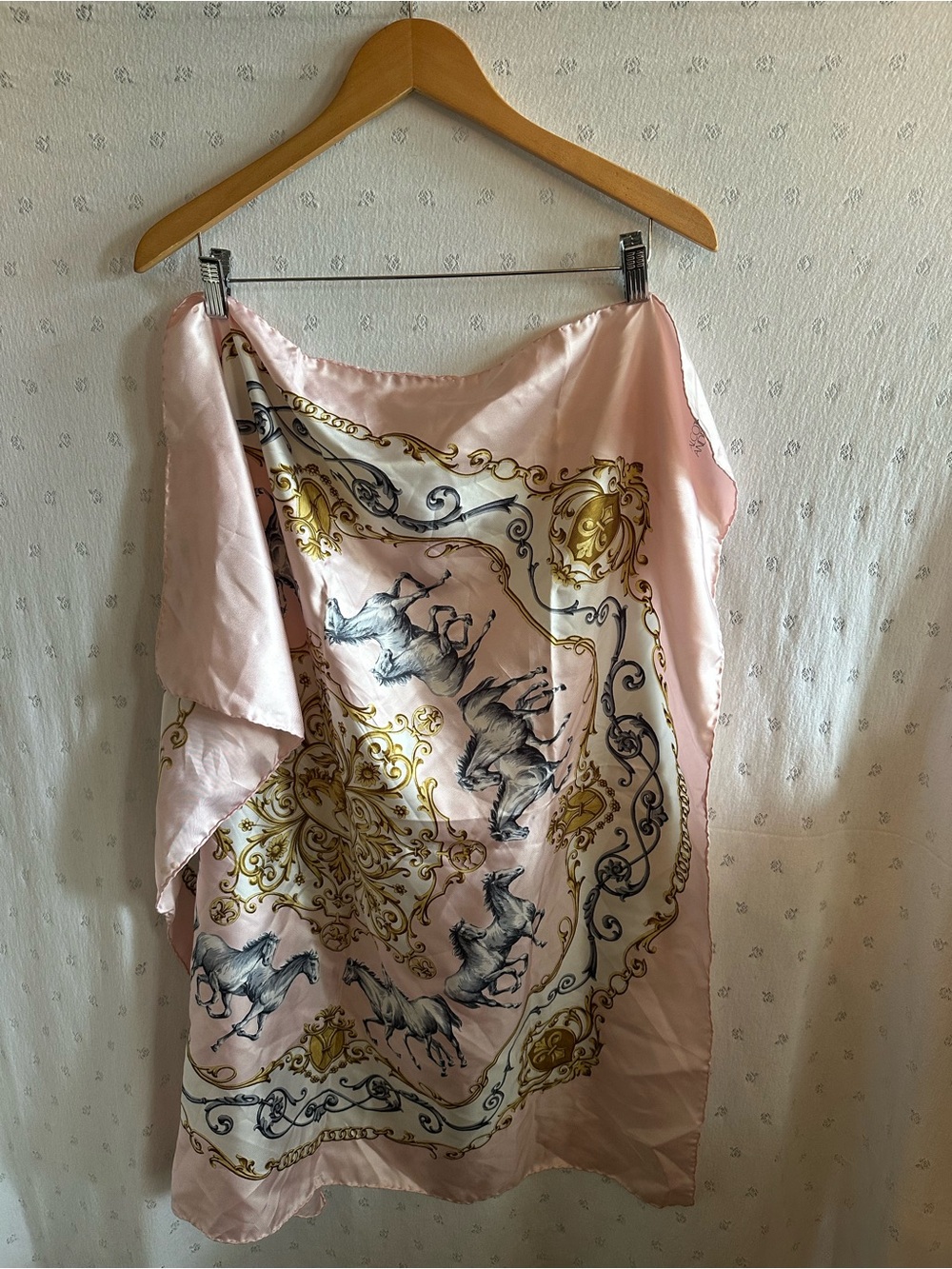 Pink Horse Print Satin Scarf with Gold Accents